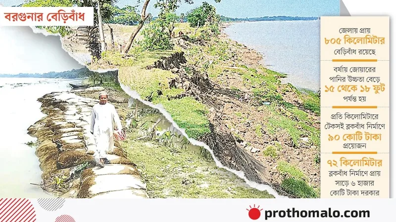 বরগুনায় ৭২ কিমি বেড়িবাঁধ ভাঙনের মুখে, আতঙ্কে ৩০ হাজার পরিবার